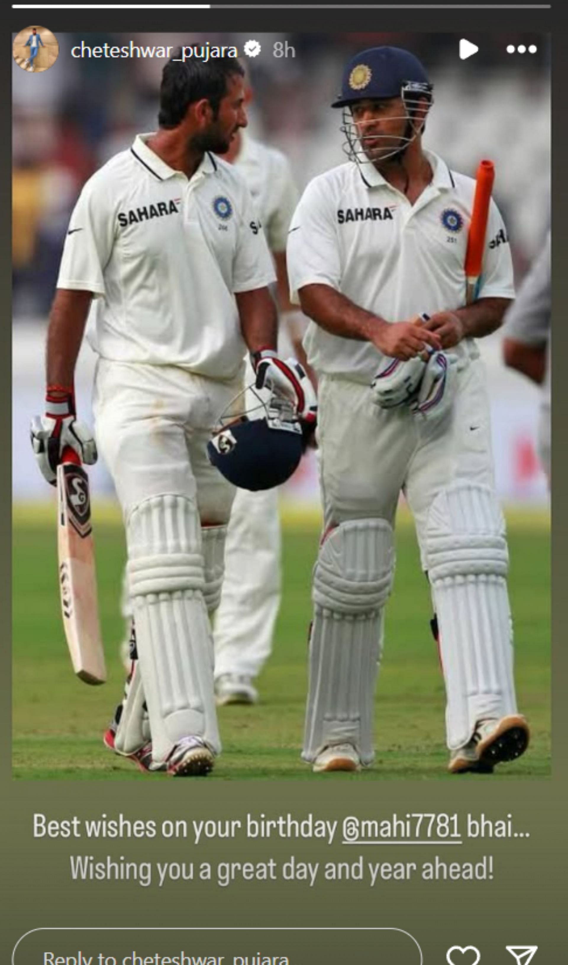 Cheteshwar Pujara's birthday wish to Dhoni on Instagram. (Image: Cheteshwar Pujara/Instagram)